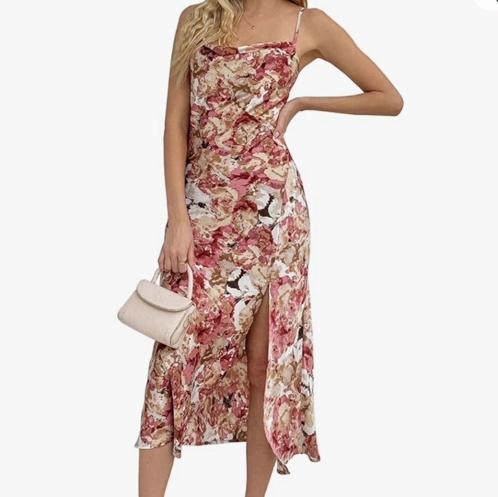 Tsher Floral Spaghetti Strap Slit Maxi Dress New